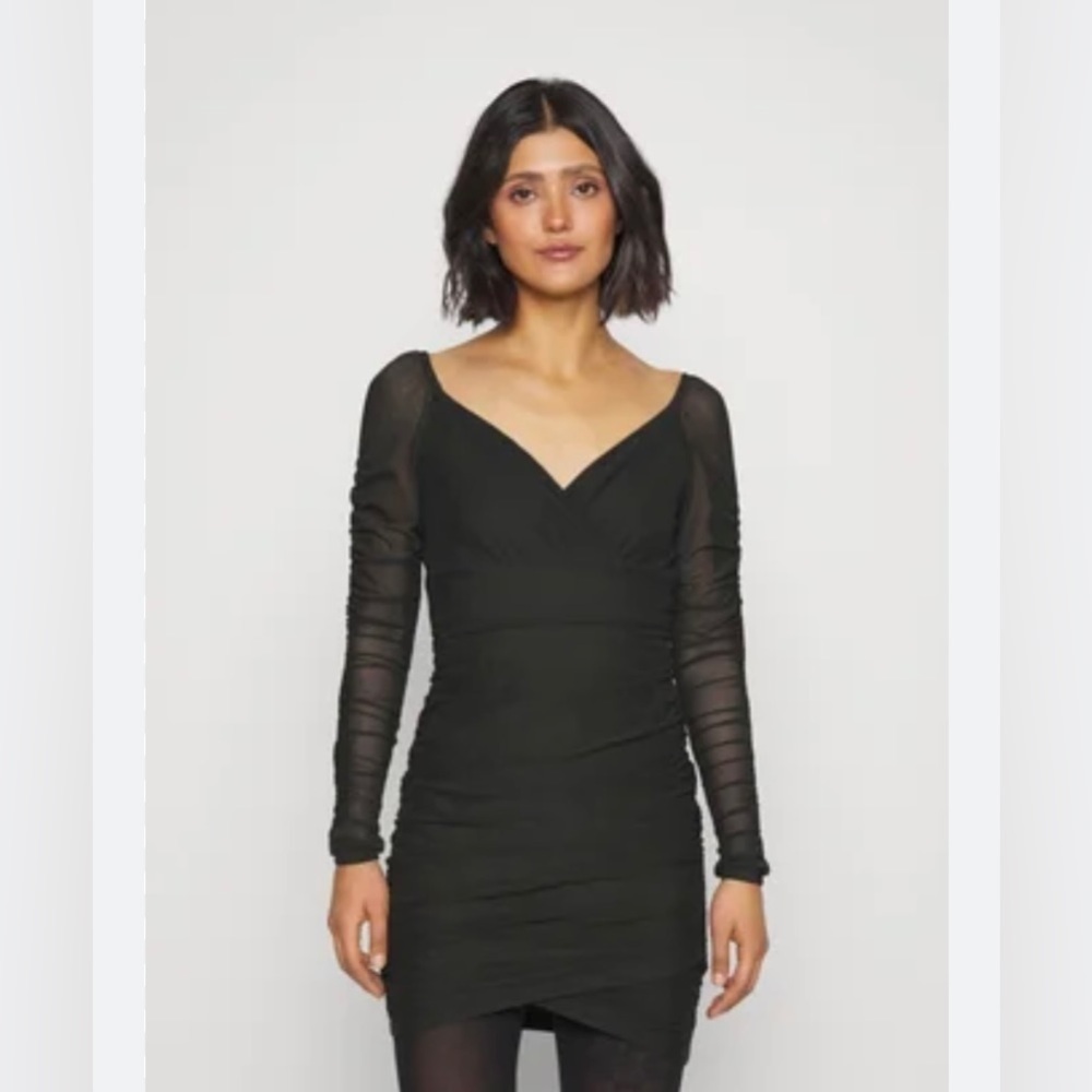 Hollister Black Long-Sleeve Mesh Ruched Bodycon Mini Dress Size Large